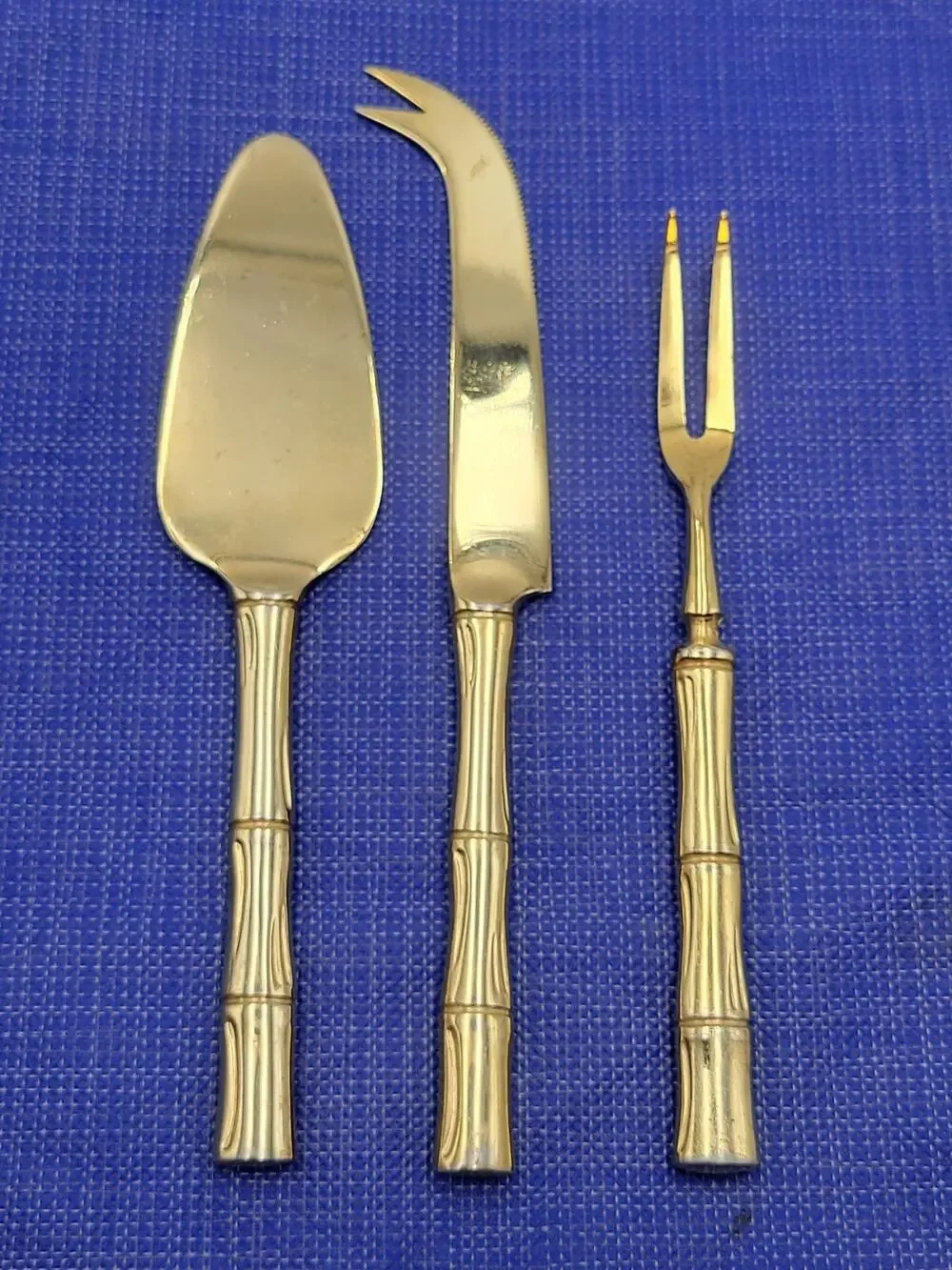 Vtg Gold Cane 3-Piece Cheese Serving Set Gold Electroplate Bamboo Design